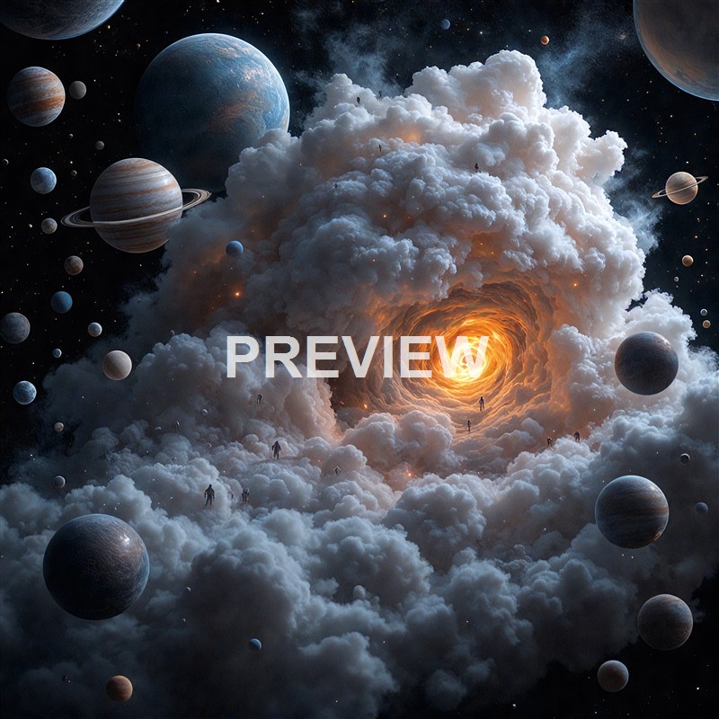 A surreal space scene featuring a swirling galaxy at the center, surrounded by numerous planets and moons amidst a backdrop of stars and cosmic clouds.